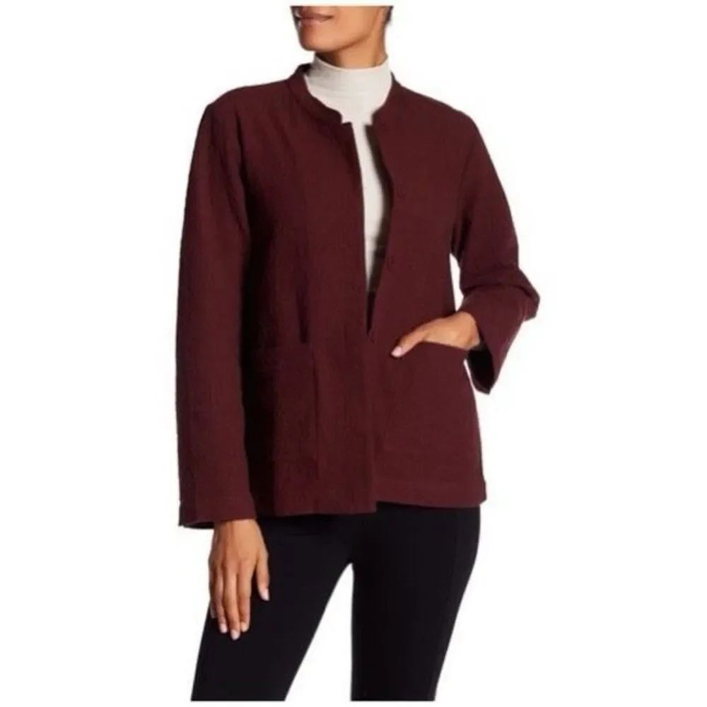 Eileen Fisher Burgundy Textured Sz SP Jacket Mandarin Collar